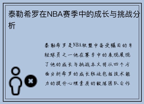 泰勒希罗在NBA赛季中的成长与挑战分析